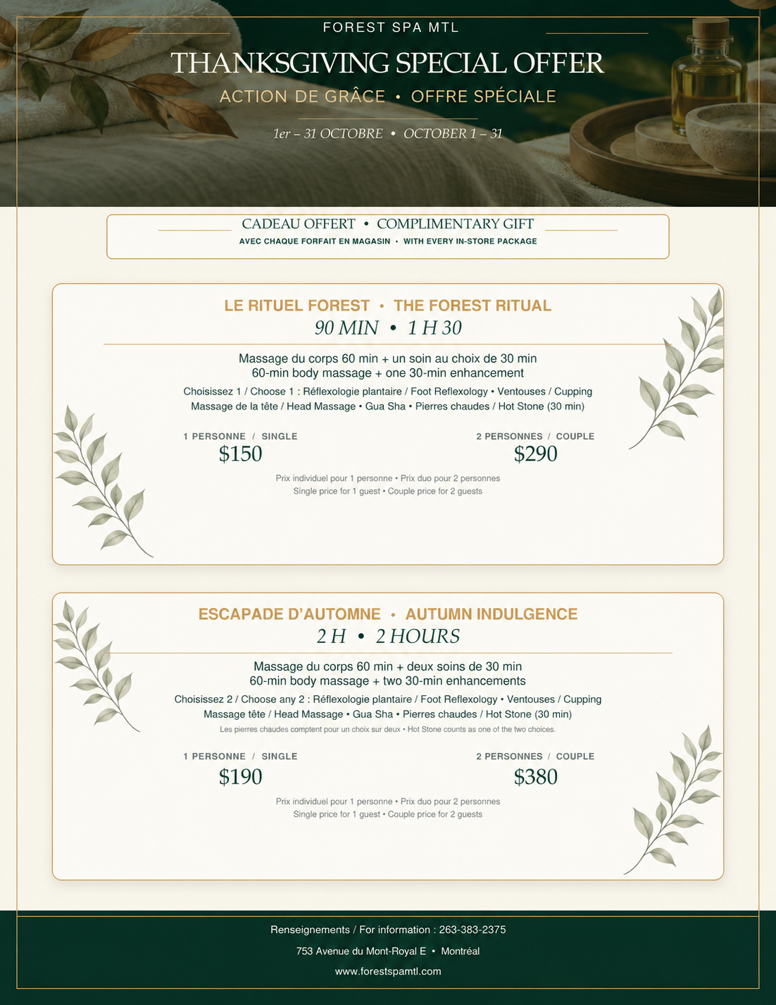 Maison Forest Spa Thanksgiving offer, October 1–31: 90-minute and two-hour packages for one or two guests, with a complimentary gift.